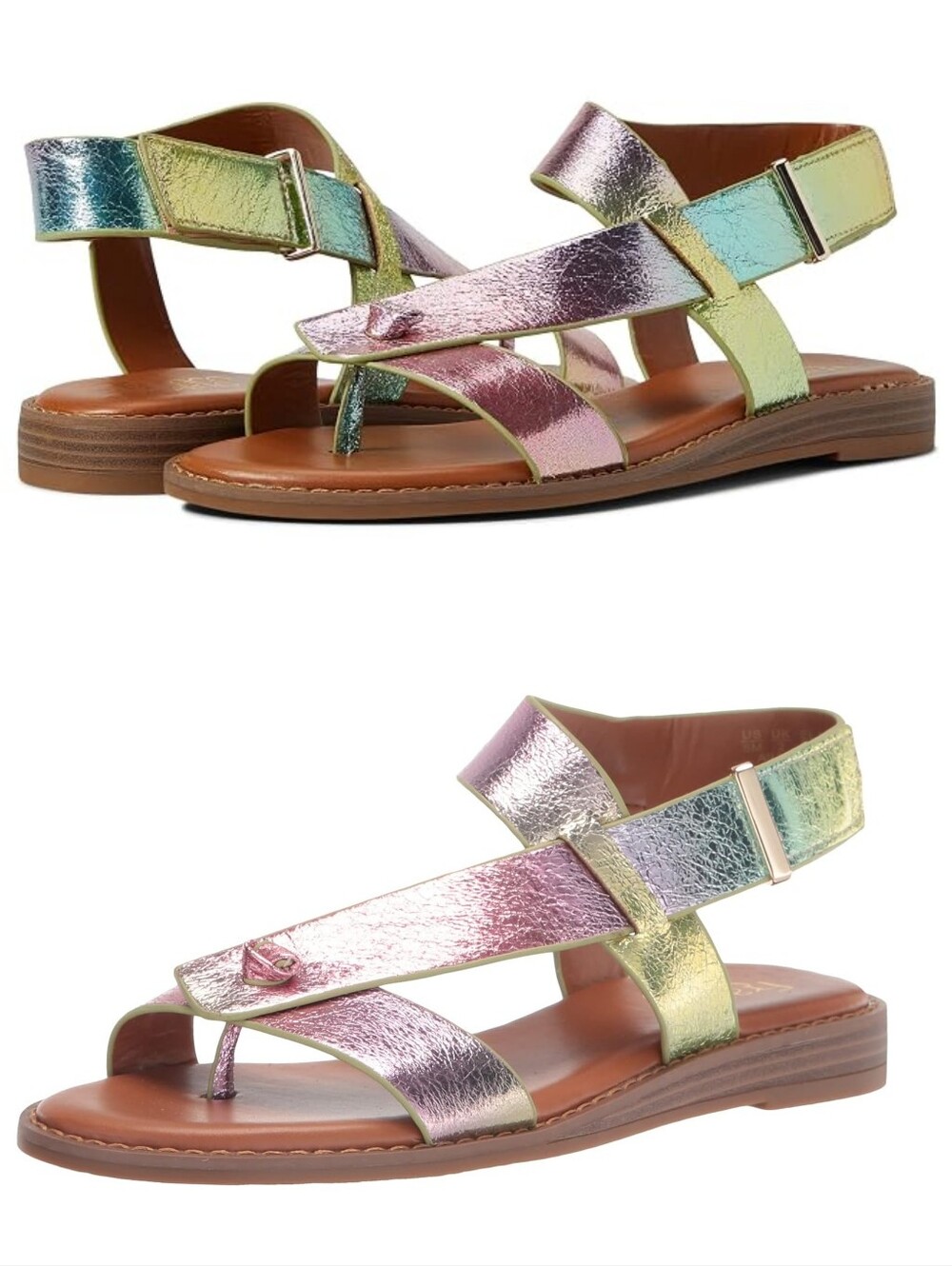 Franco Sarto Women's Glenni Ankle Strap Flat Sandals Rainbow Metallic Size 7.5